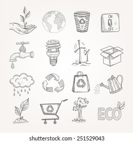 Doodles garbage recycling global conservation ecology icons set isolated vector illustration