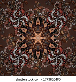 Doodles gray, black and brown on colors. Seamless Beautiful fabric pattern. Vector.
