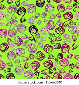 Doodles green, neutral and purple on colors. Seamless pattern Print. Fashionable fabric pattern. Vector.