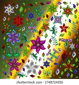 Doodles green, yellow and white on colors. Fashionable fabric pattern. Vector. Sketch pattern Print.