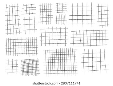 Doodles grid patterns set on white paper background. Vector abstract cartoon illustration of kid crayon or pencil scribbles, pen stroke lines, hand drawn school banner design elements
