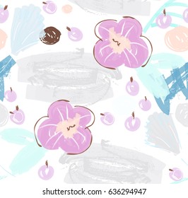 Doodles with grunge texture rough drawn flower and berries.Abstract seamless pattern. Universal bright background for greeting cards, invitations. Had drawn ink and marker watercolor texture.