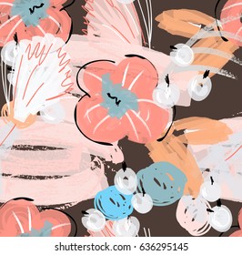 Doodles with grunge texture rough drawn flower and berries.Abstract seamless pattern. Universal bright background for greeting cards, invitations. Had drawn ink and marker watercolor texture.
