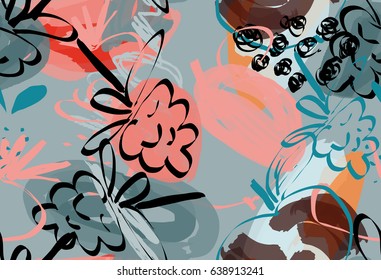Doodles with grunge texture rough drawn raspberries.Abstract seamless pattern. Universal bright background for greeting cards, invitations. Had drawn ink and marker watercolor texture.