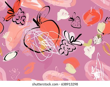 Doodles with grunge texture rough drawn apple and raspberries.Abstract seamless pattern. Universal bright background for greeting cards, invitations. Had drawn ink and marker watercolor texture.