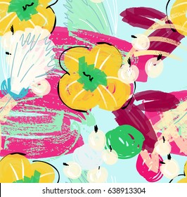 Doodles with grunge texture rough drawn flower and berries.Abstract seamless pattern. Universal bright background for greeting cards, invitations. Had drawn ink and marker watercolor texture.