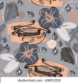 Doodles with grunge texture rough drawn flower and berries.Abstract seamless pattern. Universal bright background for greeting cards, invitations. Had drawn ink and marker watercolor texture.