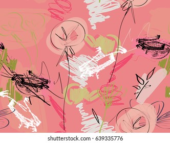 Doodles with grunge texture rough drawn dandelion flower and garden.Abstract seamless pattern. Universal bright background for greeting cards, invitations. Had drawn ink and marker watercolor texture.
