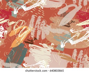 Doodles with grunge texture rough drawn dandelion flower and garden.Abstract seamless pattern. Universal bright background for greeting cards, invitations. Had drawn ink and marker watercolor texture.