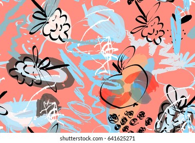 Doodles with grunge texture rough drawn apple and raspberries.Abstract seamless pattern. Universal bright background for greeting cards, invitations. Had drawn ink and marker watercolor texture.
