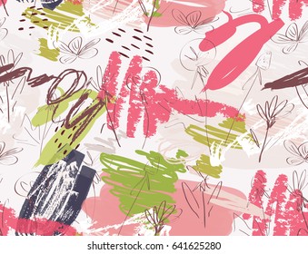 Doodles with grunge texture rough drawn dandelion flower and garden.Abstract seamless pattern. Universal bright background for greeting cards, invitations. Had drawn ink and marker watercolor texture.