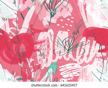Doodles with grunge texture rough drawn dandelion flower and garden.Abstract seamless pattern. Universal bright background for greeting cards, invitations. Had drawn ink and marker watercolor texture.