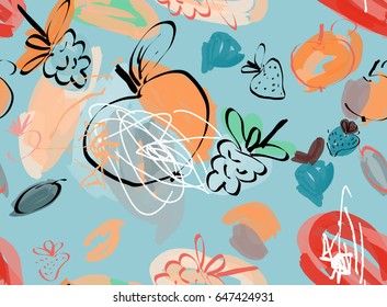 Doodles with grunge texture rough drawn apple and raspberries.Abstract seamless pattern. Universal bright background for greeting cards, invitations. Had drawn ink and marker watercolor texture.
