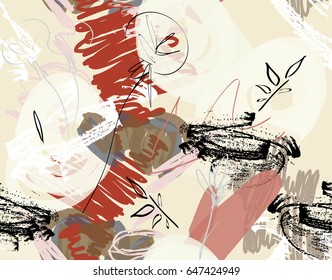 Doodles with grunge texture rough drawn dandelion flower and garden.Abstract seamless pattern. Universal bright background for greeting cards, invitations. Had drawn ink and marker watercolor texture.
