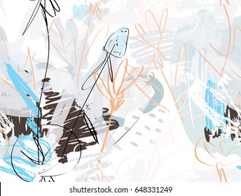 Doodles with grunge texture rough drawn dandelion flower and garden.Abstract seamless pattern. Universal bright background for greeting cards, invitations. Had drawn ink and marker watercolor texture.