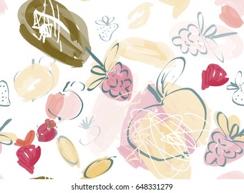 Doodles with grunge texture rough drawn apple and raspberries.Abstract seamless pattern. Universal bright background for greeting cards, invitations. Had drawn ink and marker watercolor texture.