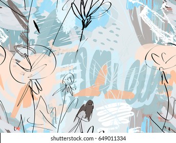 Doodles with grunge texture rough drawn dandelion flower and garden.Abstract seamless pattern. Universal bright background for greeting cards, invitations. Had drawn ink and marker watercolor texture.