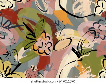 Doodles with grunge texture rough drawn apple and raspberries.Abstract seamless pattern. Universal bright background for greeting cards, invitations. Had drawn ink and marker watercolor texture.