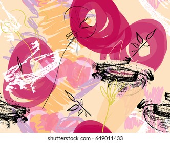 Doodles with grunge texture rough drawn dandelion flower and garden.Abstract seamless pattern. Universal bright background for greeting cards, invitations. Had drawn ink and marker watercolor texture.