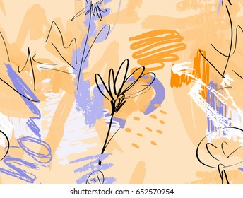 Doodles with grunge texture rough drawn dandelion flower and garden.Abstract seamless pattern. Universal bright background for greeting cards, invitations. Had drawn ink and marker watercolor texture.