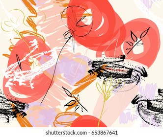 Doodles with grunge texture rough drawn dandelion flower and garden.Abstract seamless pattern. Universal bright background for greeting cards, invitations. Had drawn ink and marker watercolor texture.
