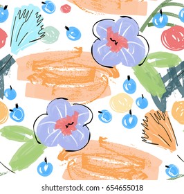 Doodles with grunge texture rough drawn flower and berries.Abstract seamless pattern. Universal bright background for greeting cards, invitations. Had drawn ink and marker watercolor texture.