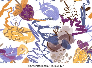 Doodles with grunge texture rough drawn apple and raspberries.Abstract seamless pattern. Universal bright background for greeting cards, invitations. Had drawn ink and marker watercolor texture.