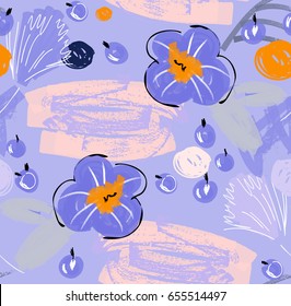 Doodles with grunge texture rough drawn flower and berries.Abstract seamless pattern. Universal bright background for greeting cards, invitations. Had drawn ink and marker watercolor texture.