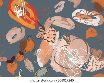 Doodles with grunge texture rough drawn apple and raspberries.Abstract seamless pattern. Universal bright background for greeting cards, invitations. Had drawn ink and marker watercolor texture.