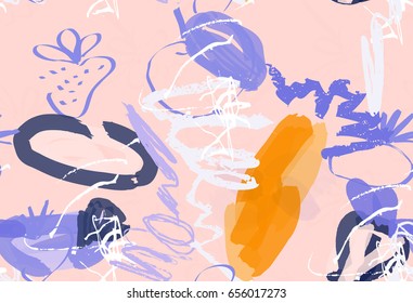 Doodles with grunge texture rough drawn strawberry and apple.Abstract seamless pattern. Universal bright background for greeting cards, invitations. Had drawn ink and marker watercolor texture.