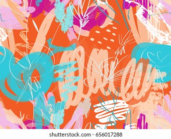 Doodles with grunge texture rough drawn dandelion flower and garden.Abstract seamless pattern. Universal bright background for greeting cards, invitations. Had drawn ink and marker watercolor texture.