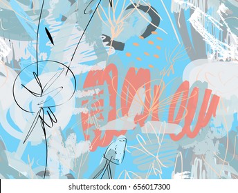 Doodles with grunge texture rough drawn dandelion flower and garden.Abstract seamless pattern. Universal bright background for greeting cards, invitations. Had drawn ink and marker watercolor texture.