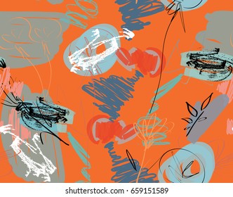 Doodles with grunge texture rough drawn dandelion flower and garden.Abstract seamless pattern. Universal bright background for greeting cards, invitations. Had drawn ink and marker watercolor texture.