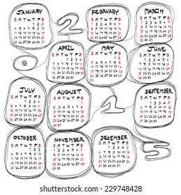 doodles hand drawn  calendar for 2015 on white background. Vector EPS10, creative design.