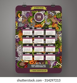 Doodles hand drawn colorful cartoon Halloween Calendar 2016 year design, English, Sunday start.