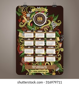 Doodles hand drawn colorful cartoon coffee time Calendar 2016 year design, English, Sunday start.