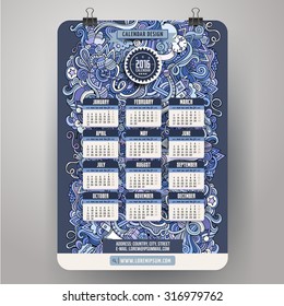 Doodles hand drawn colorful cartoon New Year holiday Calendar 2016 year design, English, Sunday start.