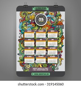 Doodles hand drawn colorful cartoon Photo Calendar 2016 year design, English, Sunday start.