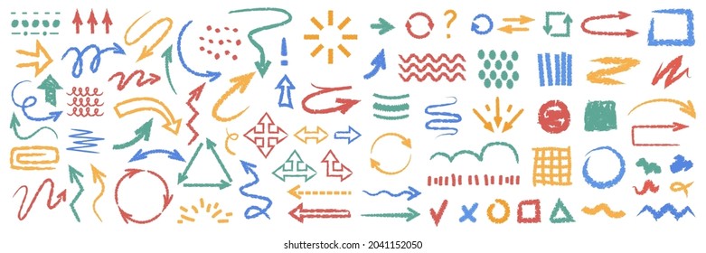 Doodles, handgezeichnete, flache Cartoon-Symbole einzeln. Vektorpfeile, Richtungszeiger und -objekte, Linien und Formen, Muster. Vektorkreiswiederholende Navigationscurors, fertig und Häkchen