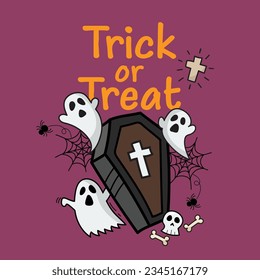 Doodles hand drawn ghost and coffin. Halloween party greeting card. Vector illustration