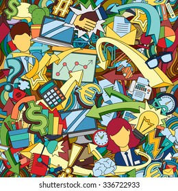 Doodles hand drawn office, business, finance endless pattern. Vector background. Cartoon flat color