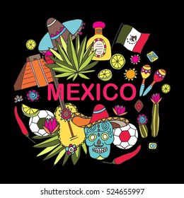 Doodles hand drawn science illustration of Mexico - Temple of Kukulkan, tequila, sombrero, agave, maracas and other culture elements. Mexico-text on background. Vector illustration.