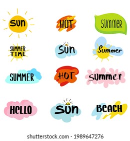 Doodles Hand Drawn vector. Doodle Summer Vector with sun, clouds and flowers. Summer Typographic Design Set. Vector isolated illustration on white.
