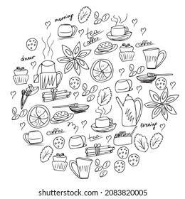 Doodles hand-drawn of coffee and tea elements isolated on a white background: a cup of hot coffee or tea from a teapot added coffee beans with sugar and cookies and honey with cinnamon. Vector