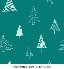 doodles hand-drawn seamless pattern Christmas tree patterns on green background. Vector EPS8