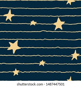 doodles hand-drawn seamless pattern gold stars patterns on striped blue background. Vector EPS8