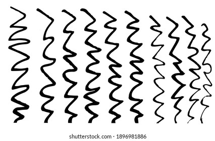 Doodles hand-drawn vector pattern of vertical lines of the zigzags . Wavy, curly lines of an orange pattern. Black paint, dry brush stroke abstract background, background. Fashionable monochrome