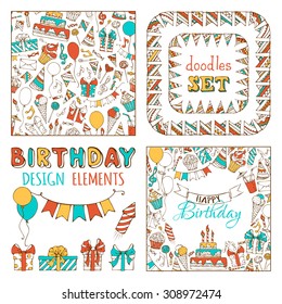 Doodles Happy Birthday Set. Seamless pattern, garland frames, square background and various design elements on white background.
