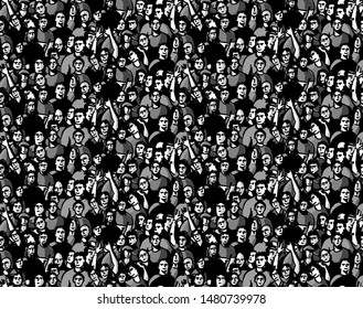 Doodles happy crowd people audience monochrome seamless pattern