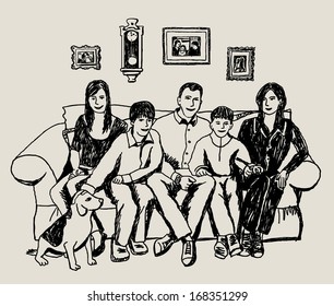 Doodles happy family at home The doodles illustration with mother, father, daughter, two son and dog. Black lines on beige background. Vector illustration. 